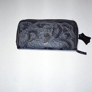 Hand Tooled Leather Wallet Paisley Design Grey